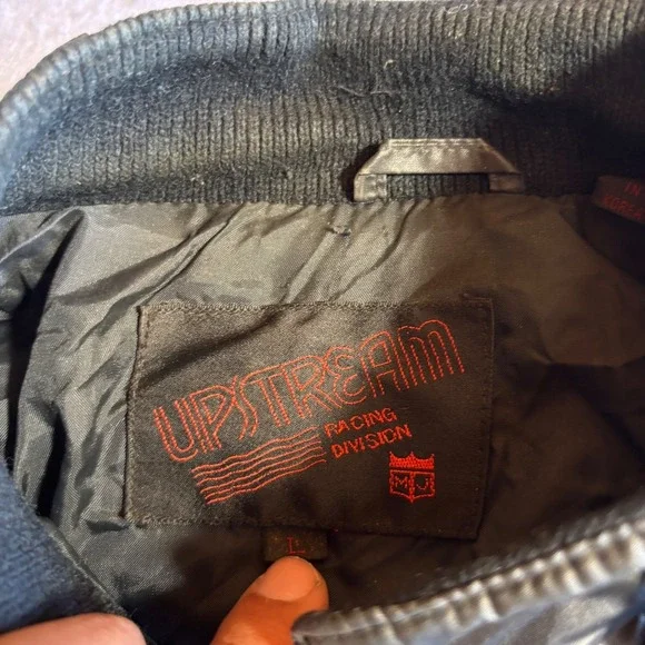 Vintage UPSTREAM RACING DIVISION Mens Bomber Jacket Black‎ Shiny Retro Style L